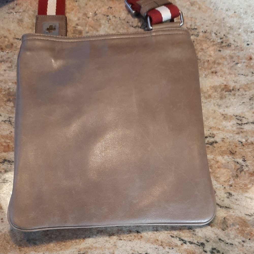 Bally Tan Leather Crossbody Bag with Red and White Strap